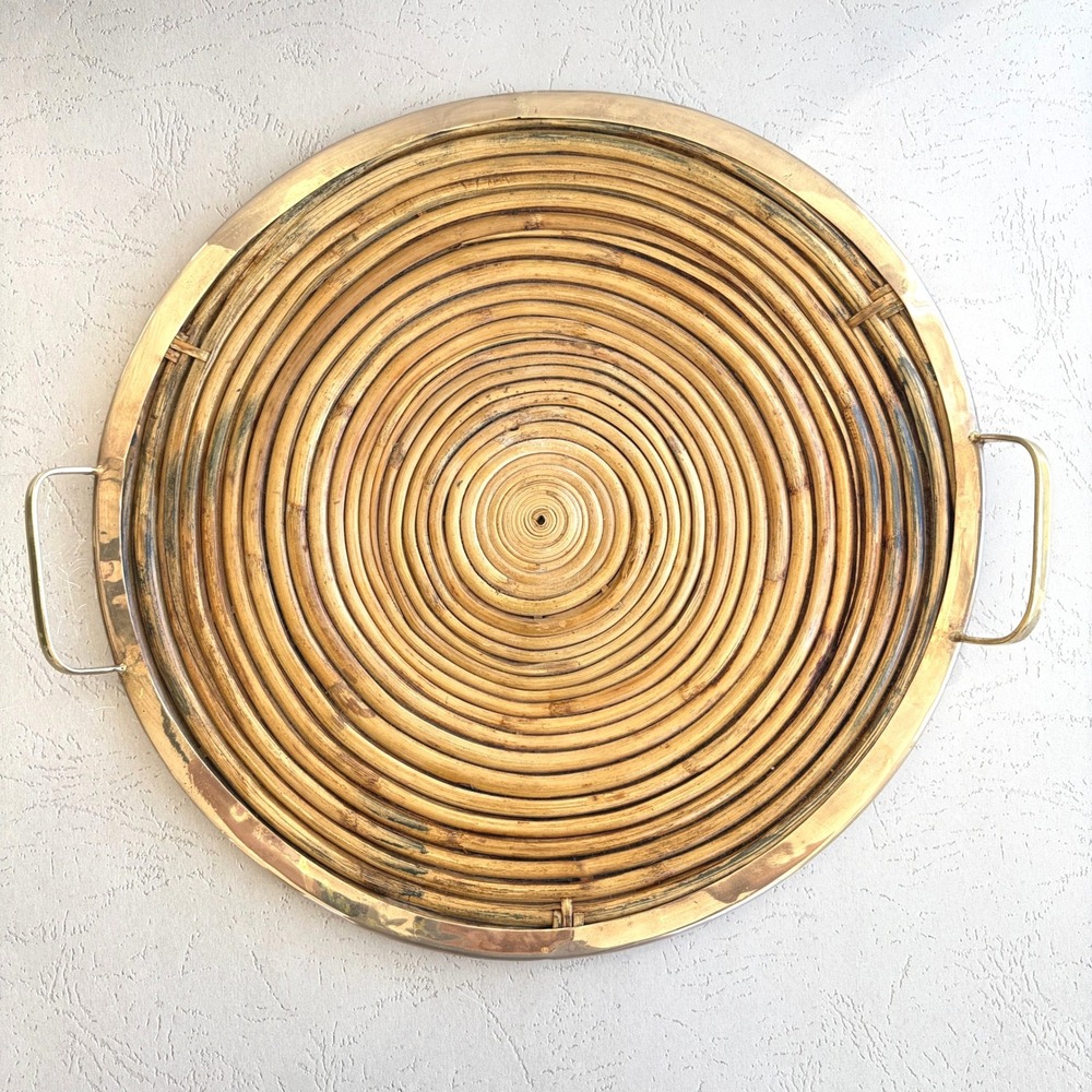 Vintage Round Rattan and Brass Serving Tray with Handles Mid Century Boho 14.5in